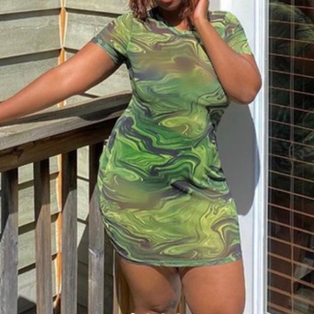 Green tie dye print bodycon mesh short dress.